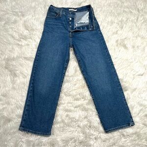 Levis Ribcage Straight Ankle Jeans Button Fly High Rise Blue Denim Stretch